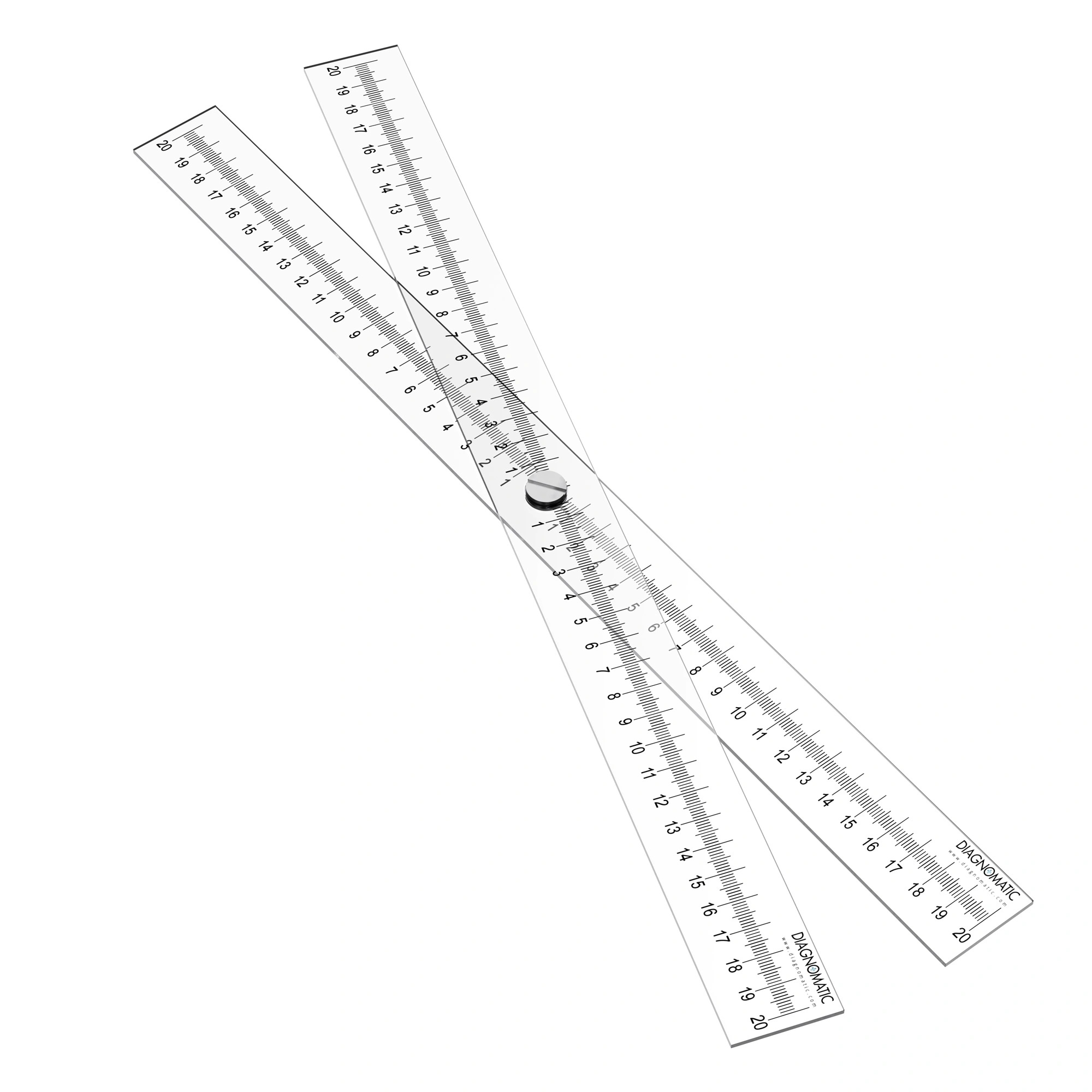 Two long rulers made of transparent plastic screwed together in the middle creating a cross.
