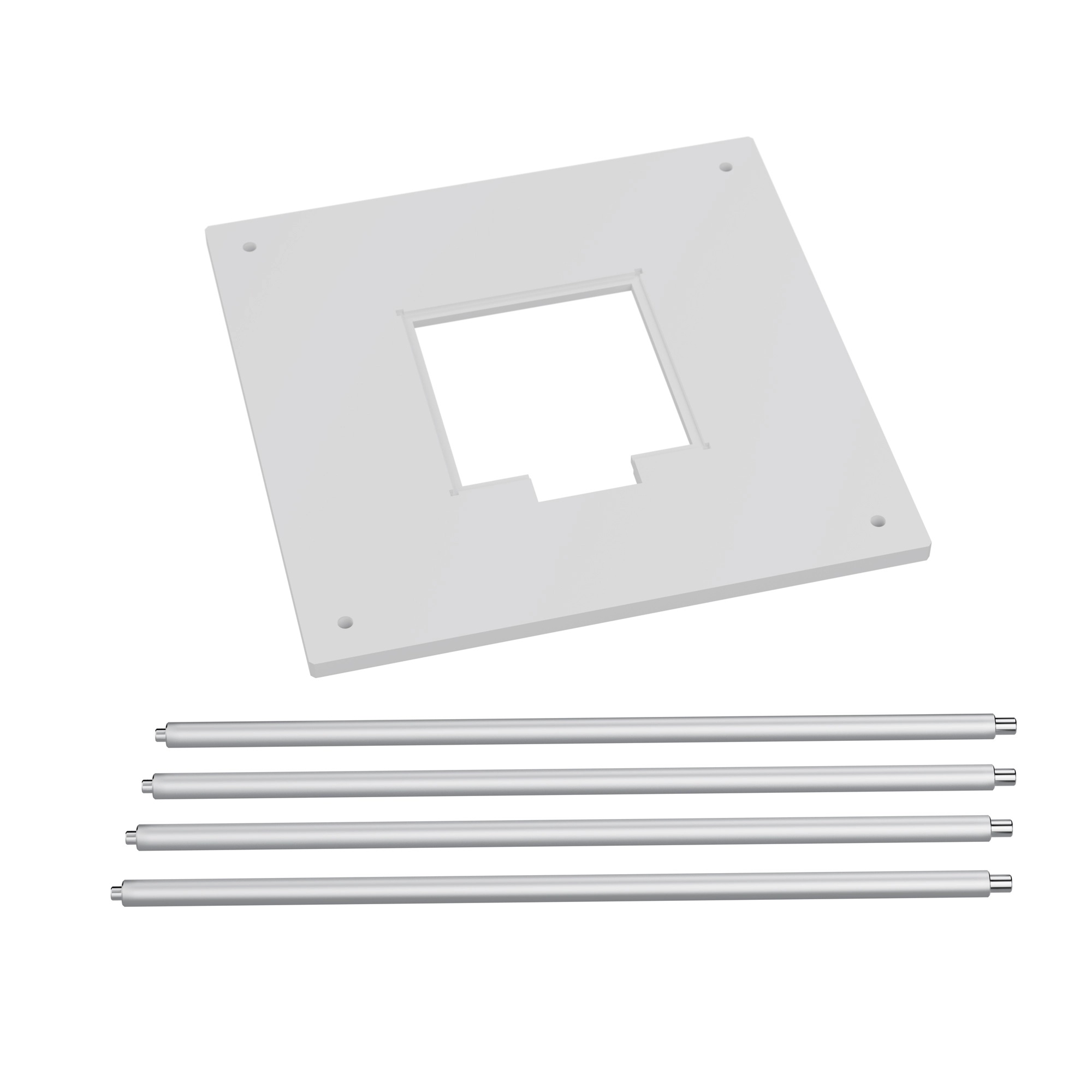 A square, flat object made of white plastic, with a square hole in the middle and a set of four aluminium attachable legs.