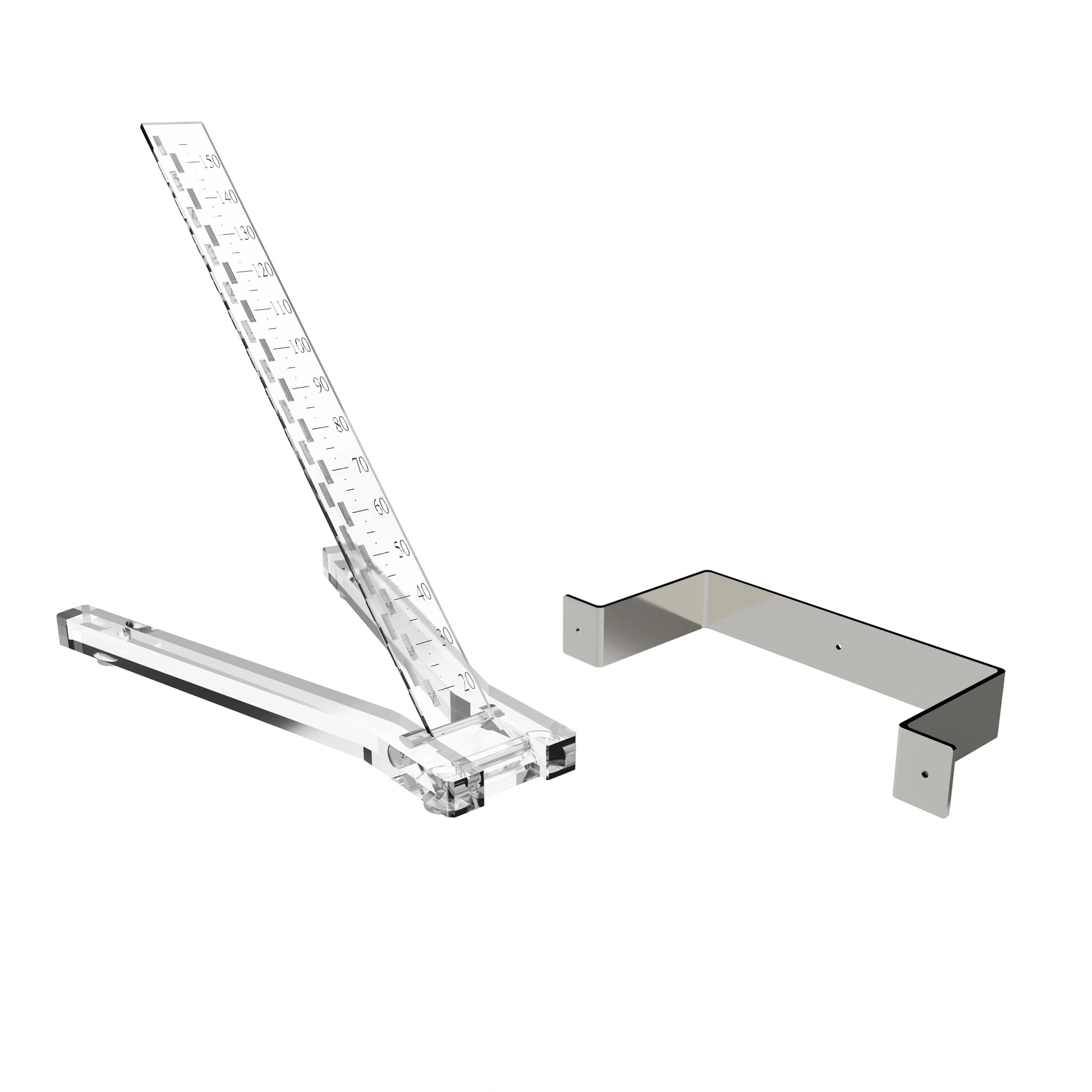 Foldable ruler made of transparent plastic with engraved detailed X-Ray opaque scale and stainless steel step.