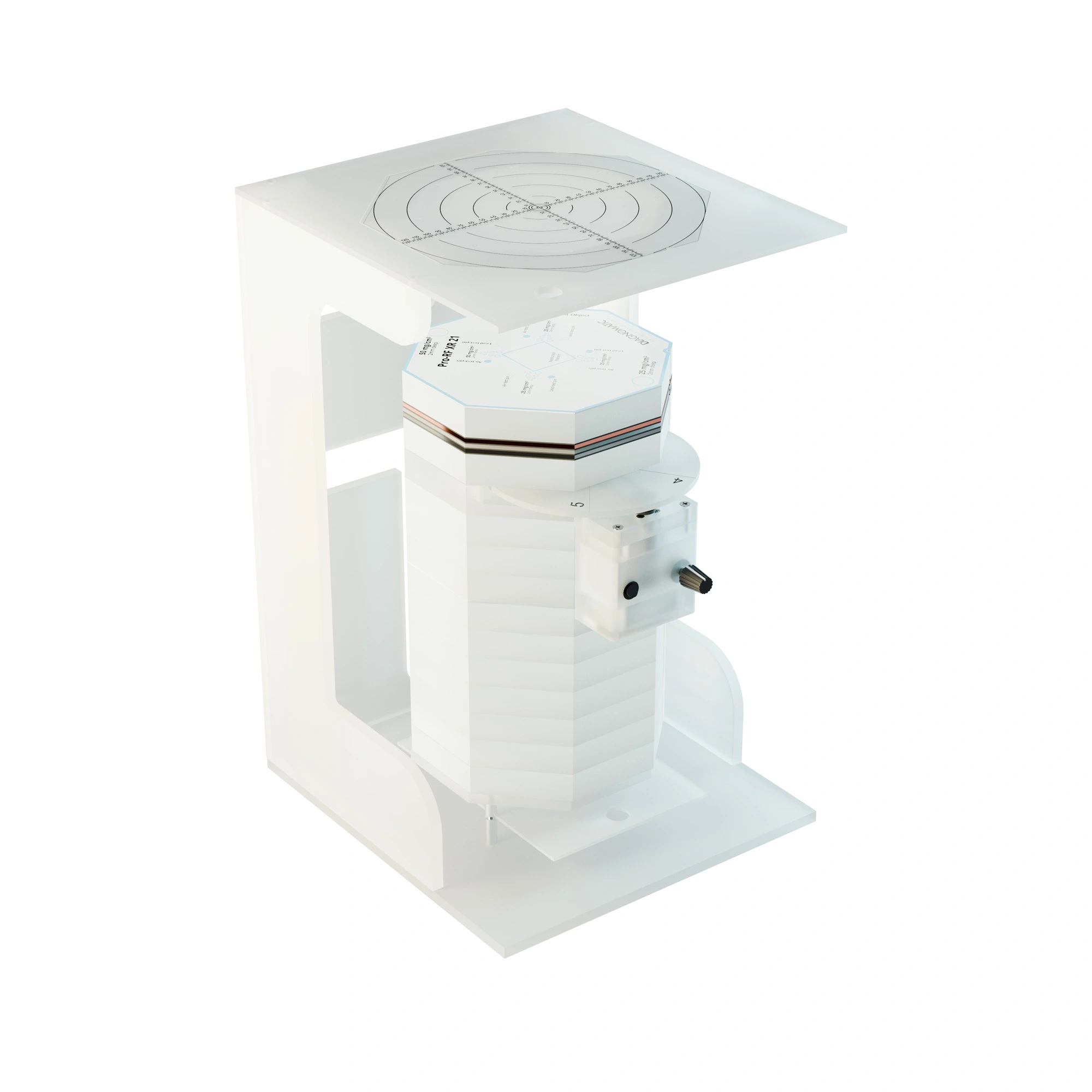 A tower of octagonal plates made of sandblasted acrylic, set in a frame of the same material.