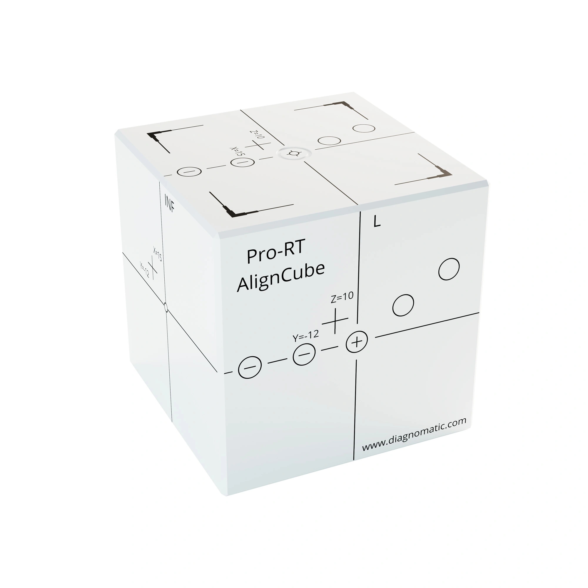 White PMMA cube with bevelled edges, engraved and black painted markings on each side.
