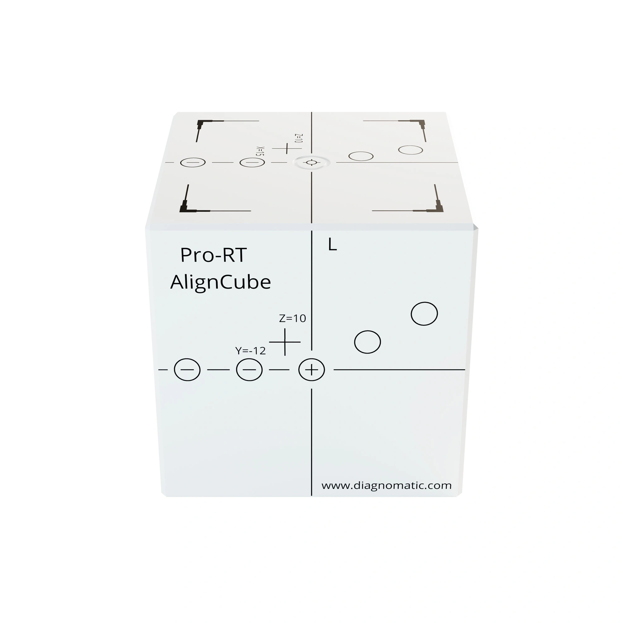White PMMA cube with bevelled edges, engraved and black painted markings on each side.