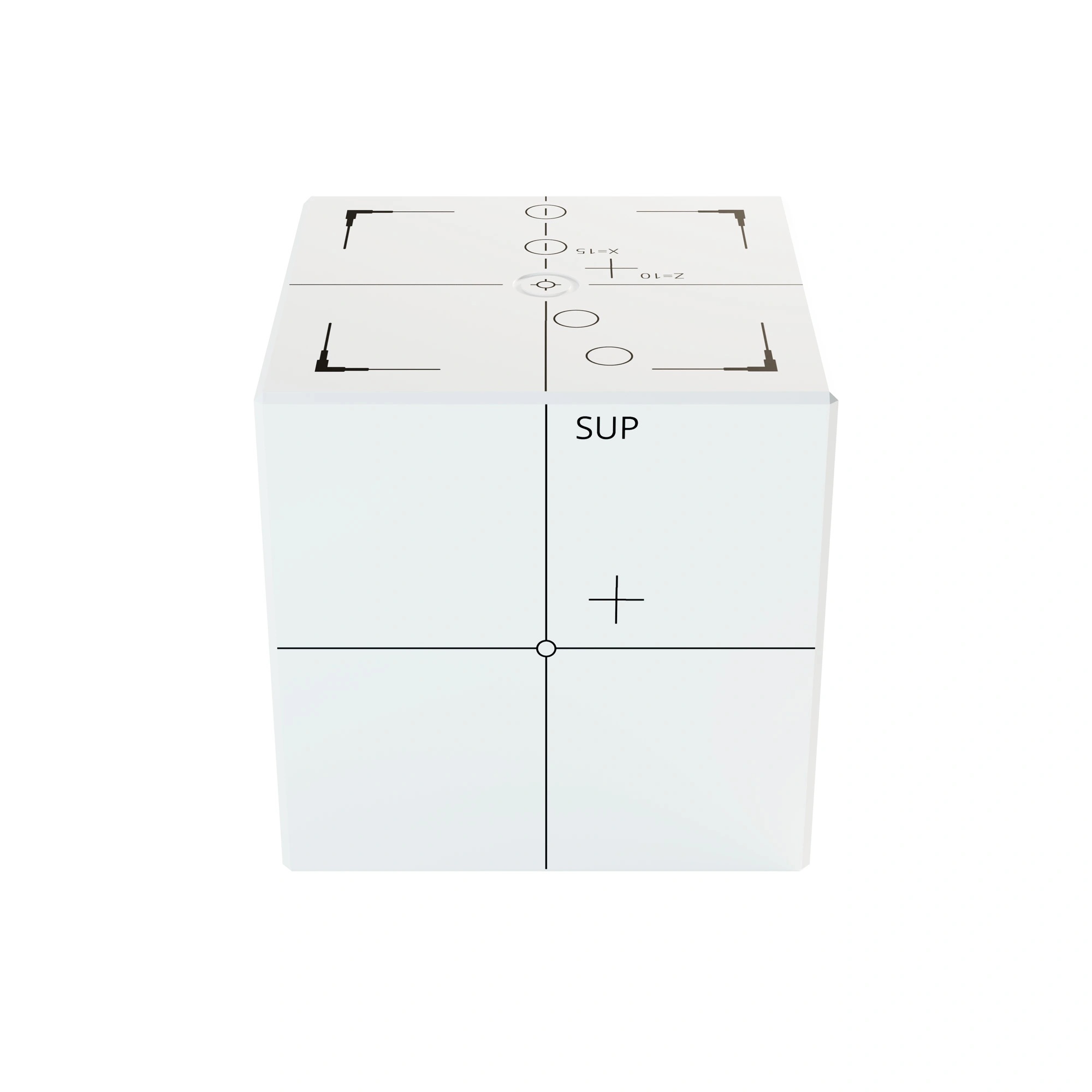 White PMMA cube with bevelled edges, engraved and black painted markings on each side.