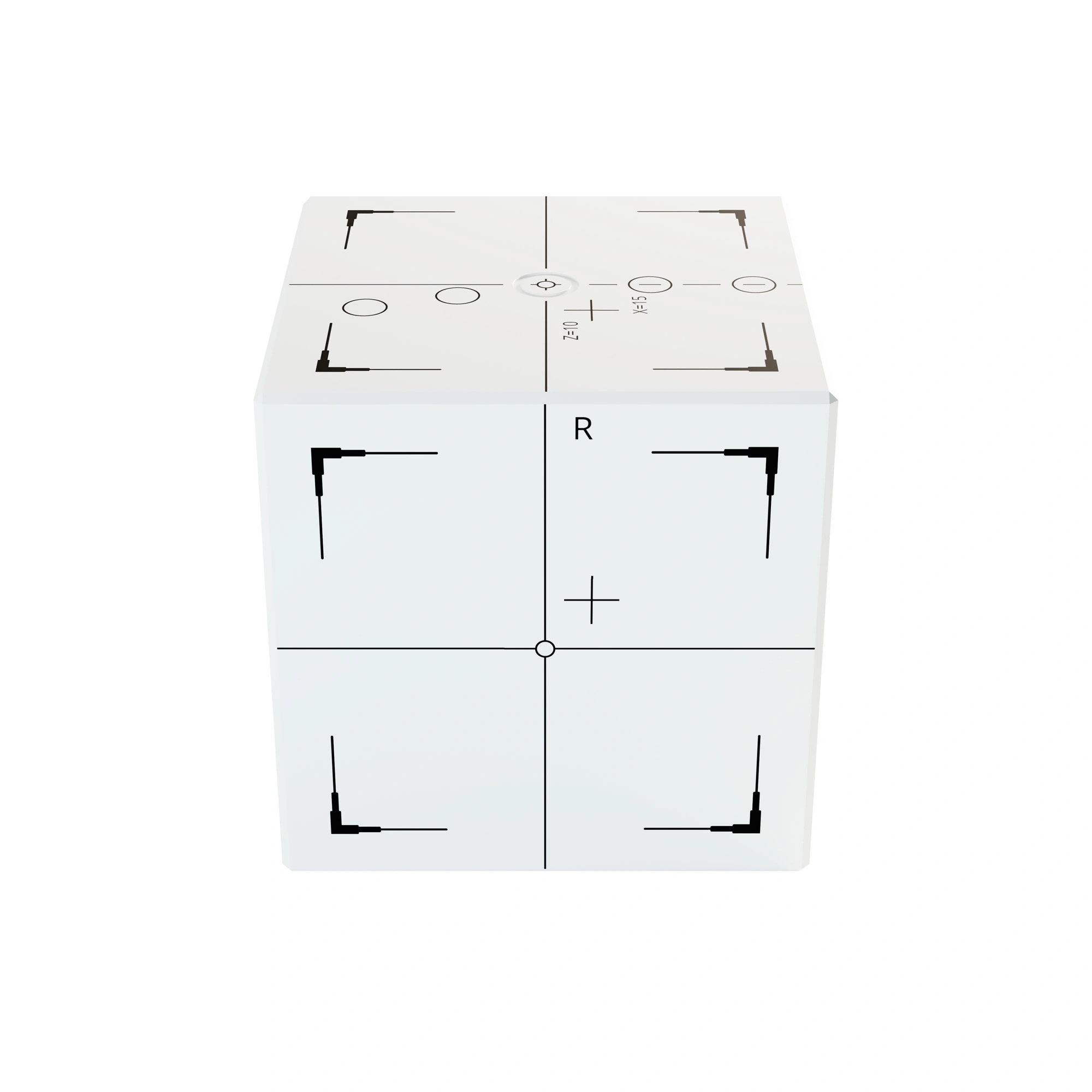 White PMMA cube with bevelled edges, engraved and black painted markings on each side.