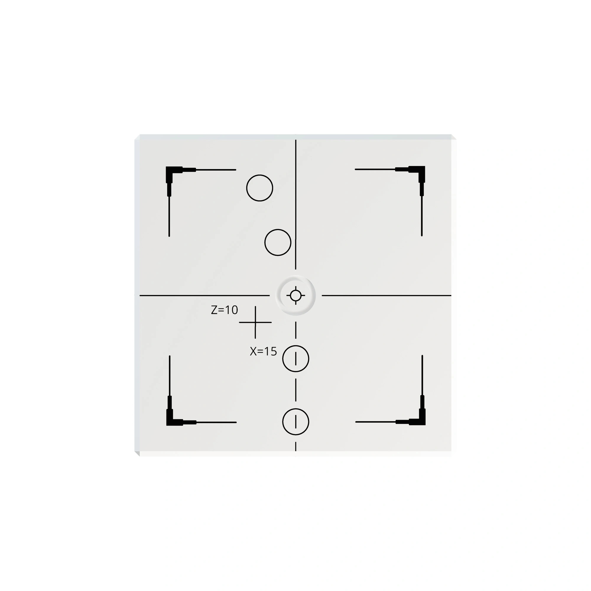 White PMMA cube with bevelled edges, engraved and black painted markings on each side.