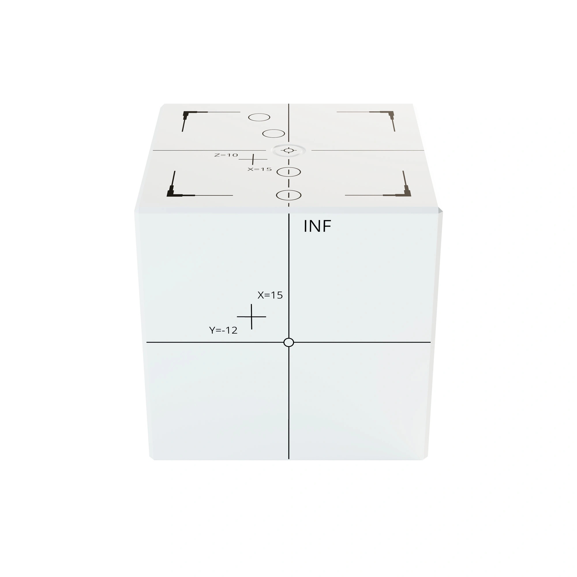 White PMMA cube with bevelled edges, engraved and black painted markings on each side.
