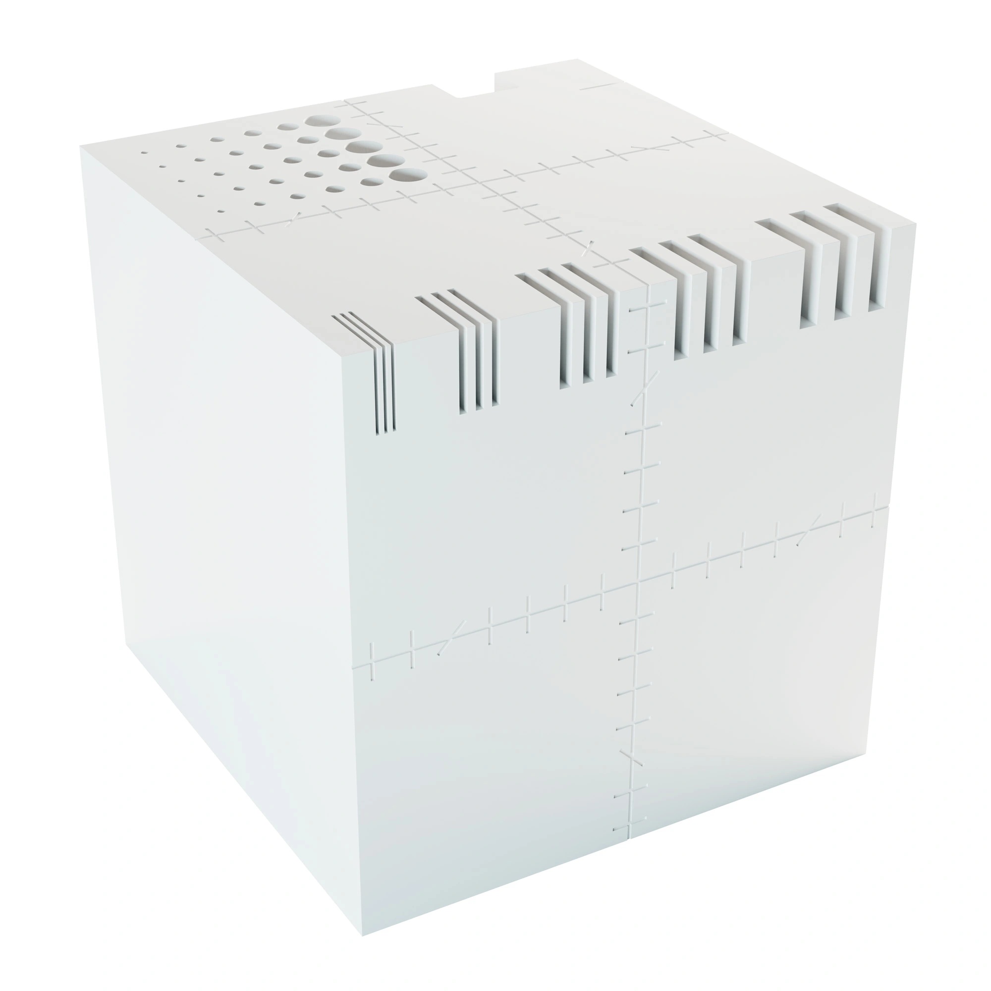 White PMMA cube with cutoff and engraved markings.