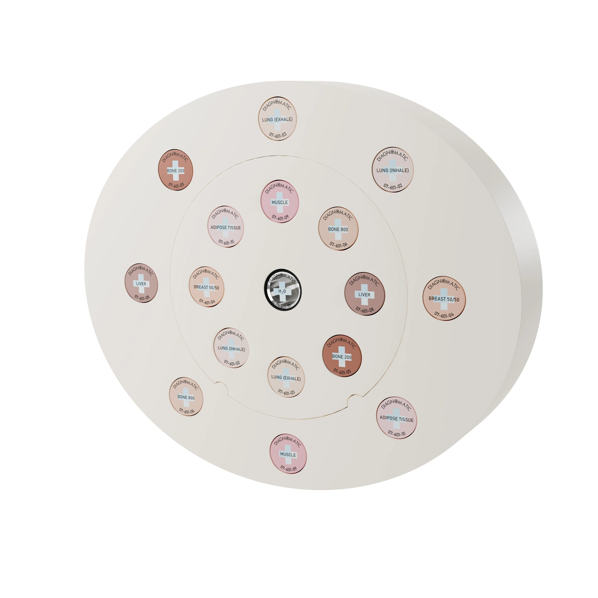 An elliptical thick disk with 8 holes arranged around it with cylindrical plugs, and a circular module in the middle that contains 9 holes with plugs.