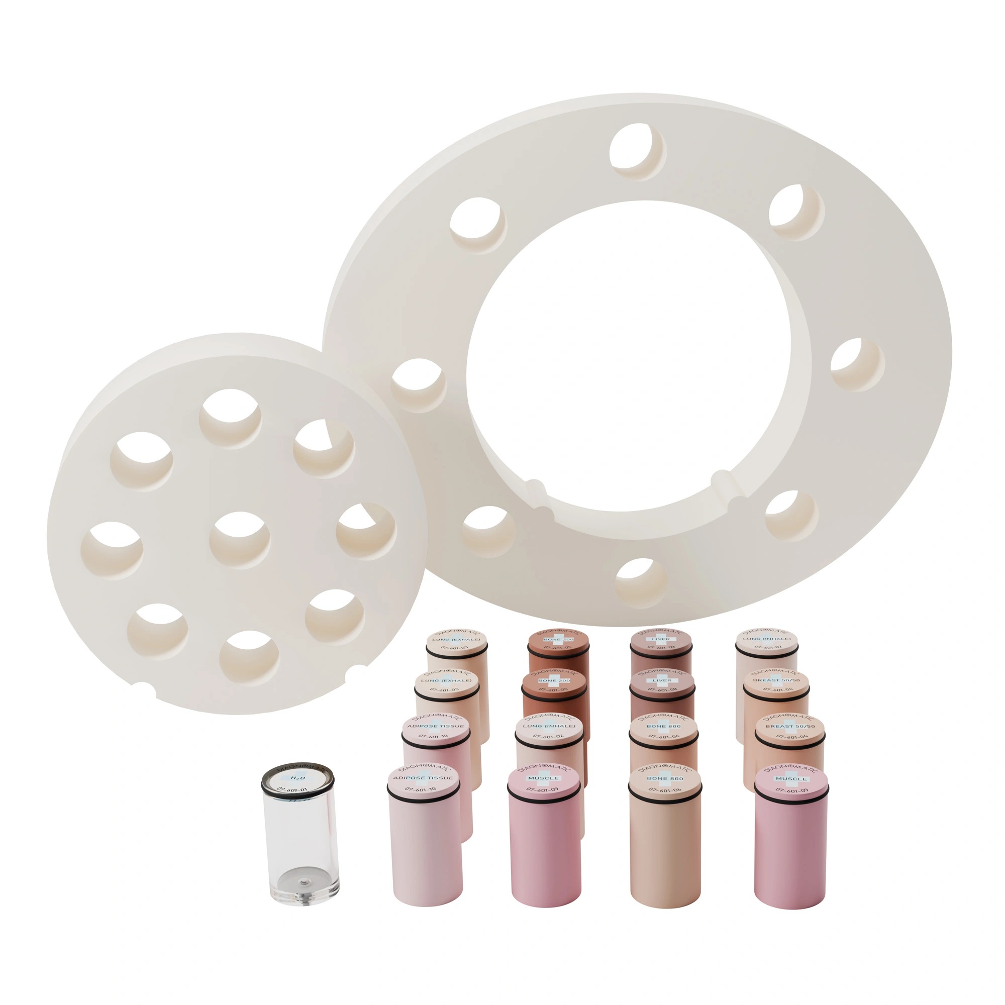 A standing elliptical thick disc with 8 holes around it and a large round hole in the middle, next to it there is a round module with 8 holes around it and one in the middle, 17 cylindrical plugs are standing in front of them in 4 rows.